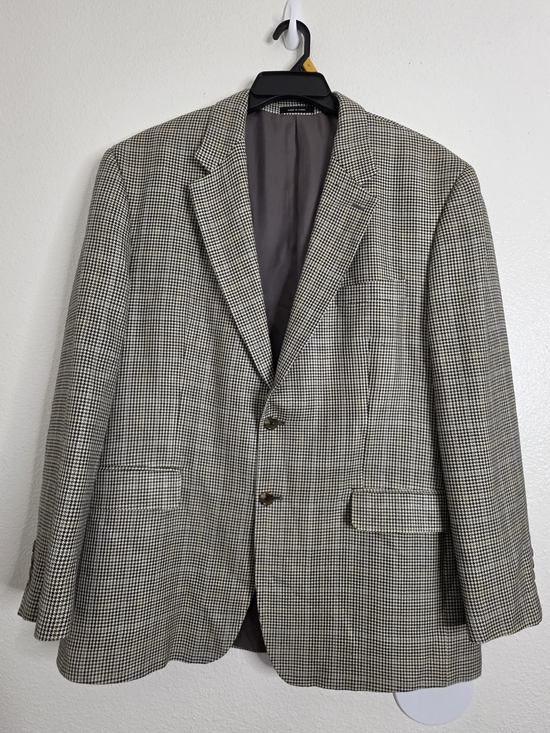 Chaps Other - Chaps Men's 46R Silk Blazer Sport Coat Houndstooth Plaid Beige Blue Two Button